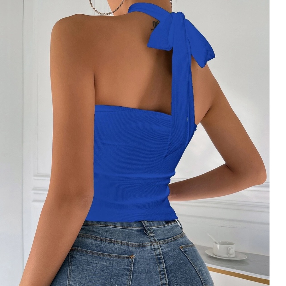 Blue shein criss Cross Tie Back Halter Top